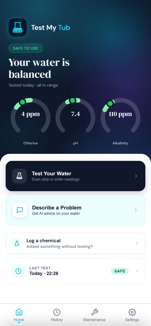 Test My Tub showing balanced water with chlorine, pH and alkalinity dials